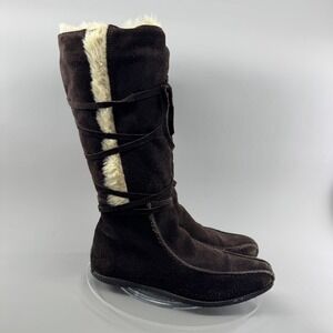 Cami Womens Tall Suede Boots Faux Fur Trim Side Zip Dark Brown Size 10